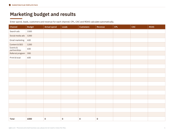Preview of Marketing Budget and Results Workbook