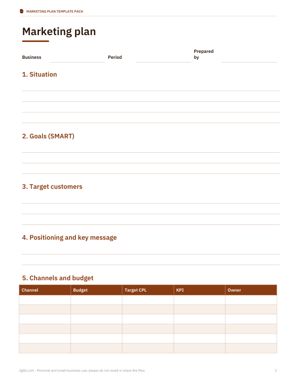 Preview of Printable Marketing Plan Template